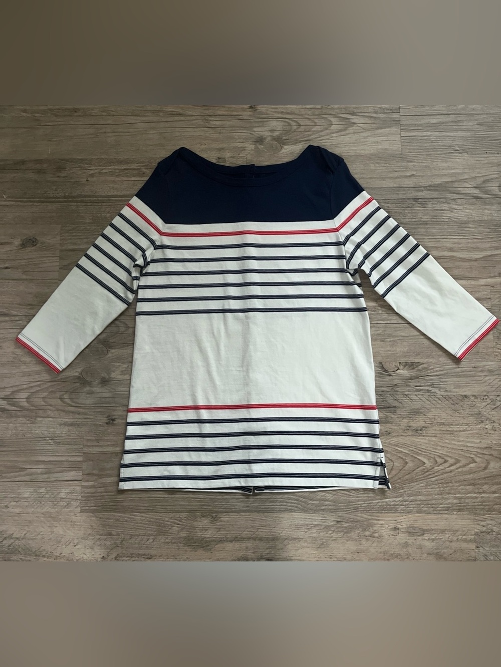 Lands' End Nautical Striped Boatneck Tunic Top S 6-8 Button Back 100% Cotton